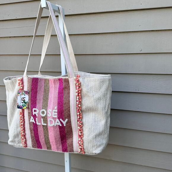 America and Beyond ROSE ALL DAY Tan Pink Large Tote Shoulder Beach Bag New - Picture 15 of 16